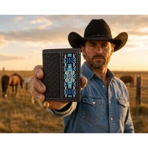 Ranger Belt Co H1052T Trifold Wallet Beaded Inlay Basketweave Leather Dark Brown